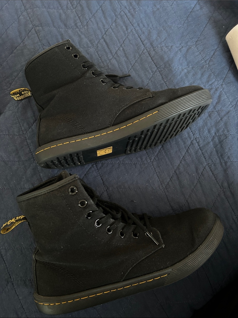Dr. Martens Black Canvas High-Top Boots with Yellow Stitching